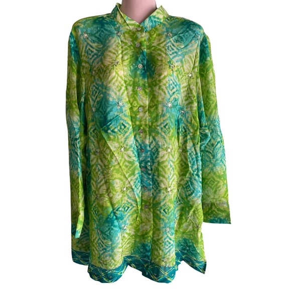Coldwater Creek Tops - Coldwater Creek Tunic Top Womens XL Green Blue Beaded Button Up Boho Print